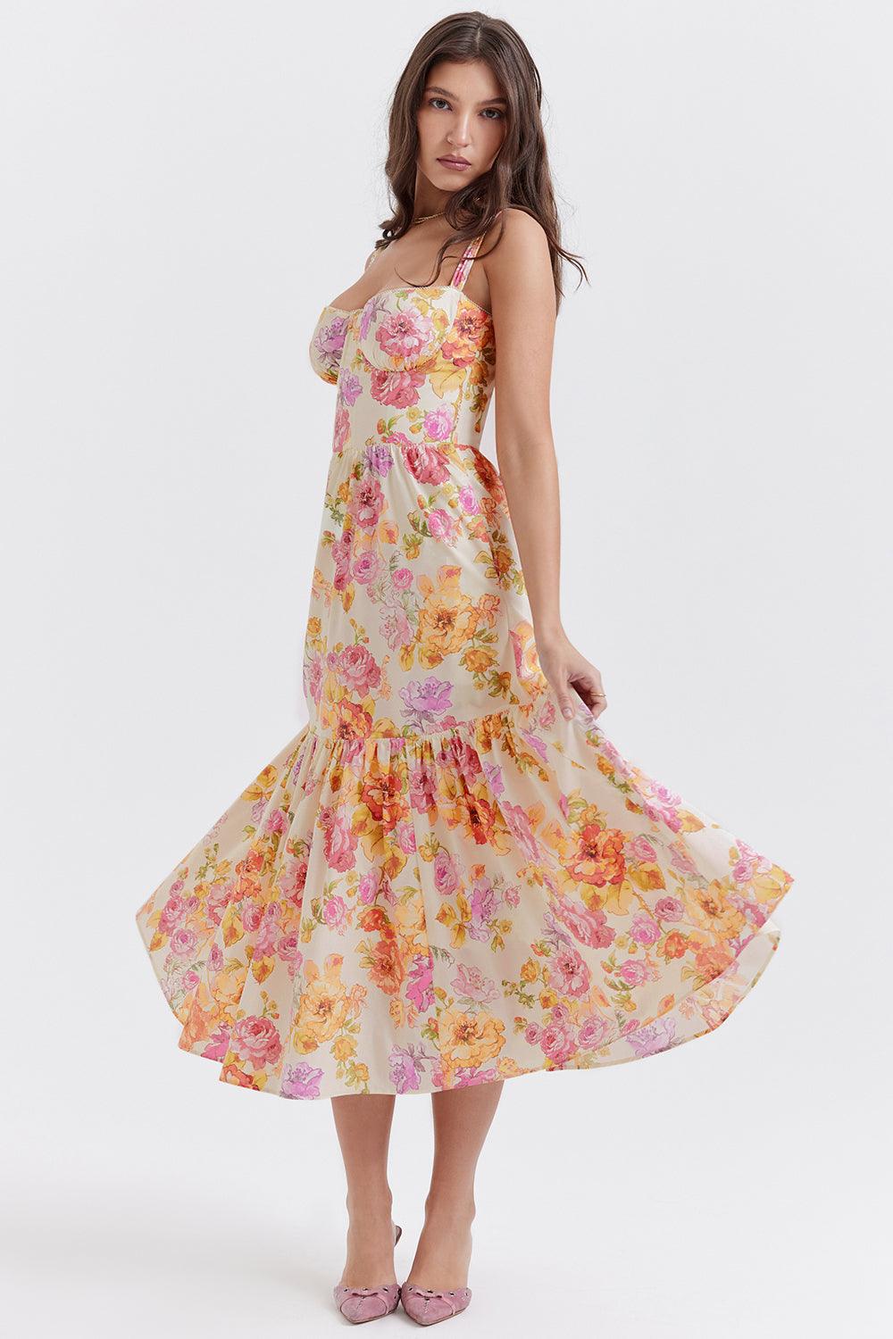 Vestido Midi Floral Cáqui - UseFeminess Direito Autorais